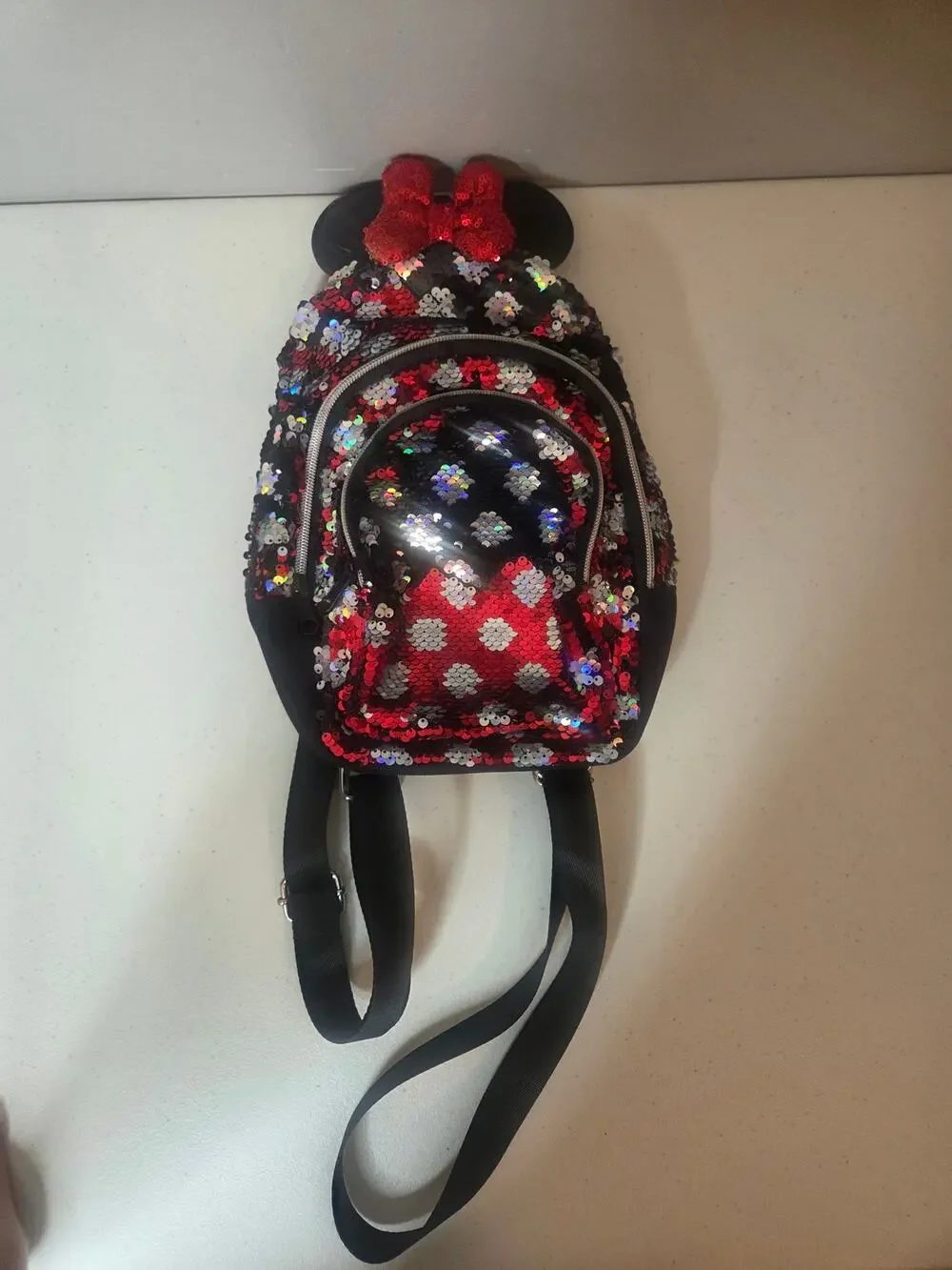 Disney Parks Minie Mouse Reversible Sequined Mini Backpack Red Black Polka Dot